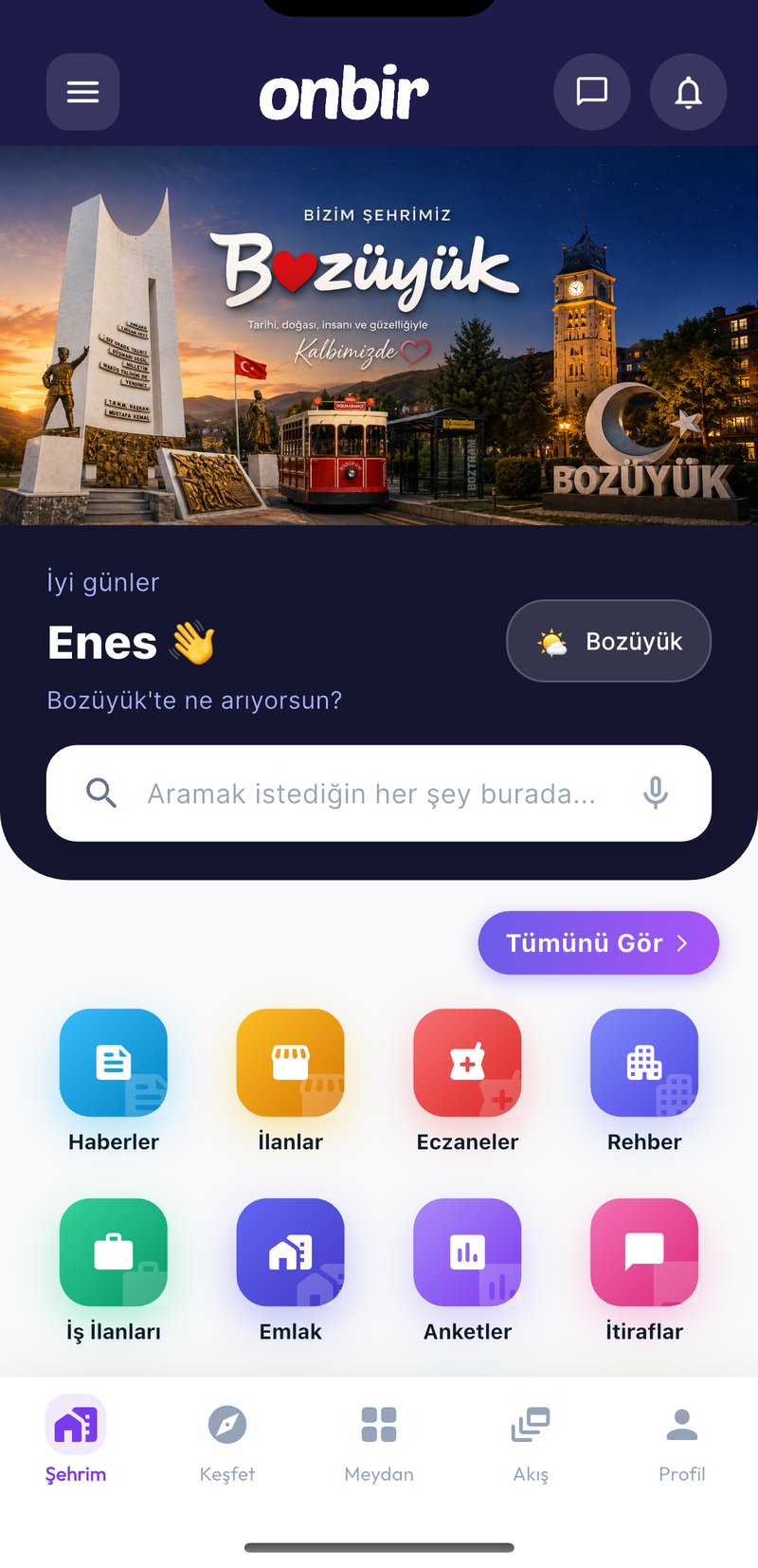 OnbirBuçuk anasayfa ekranı